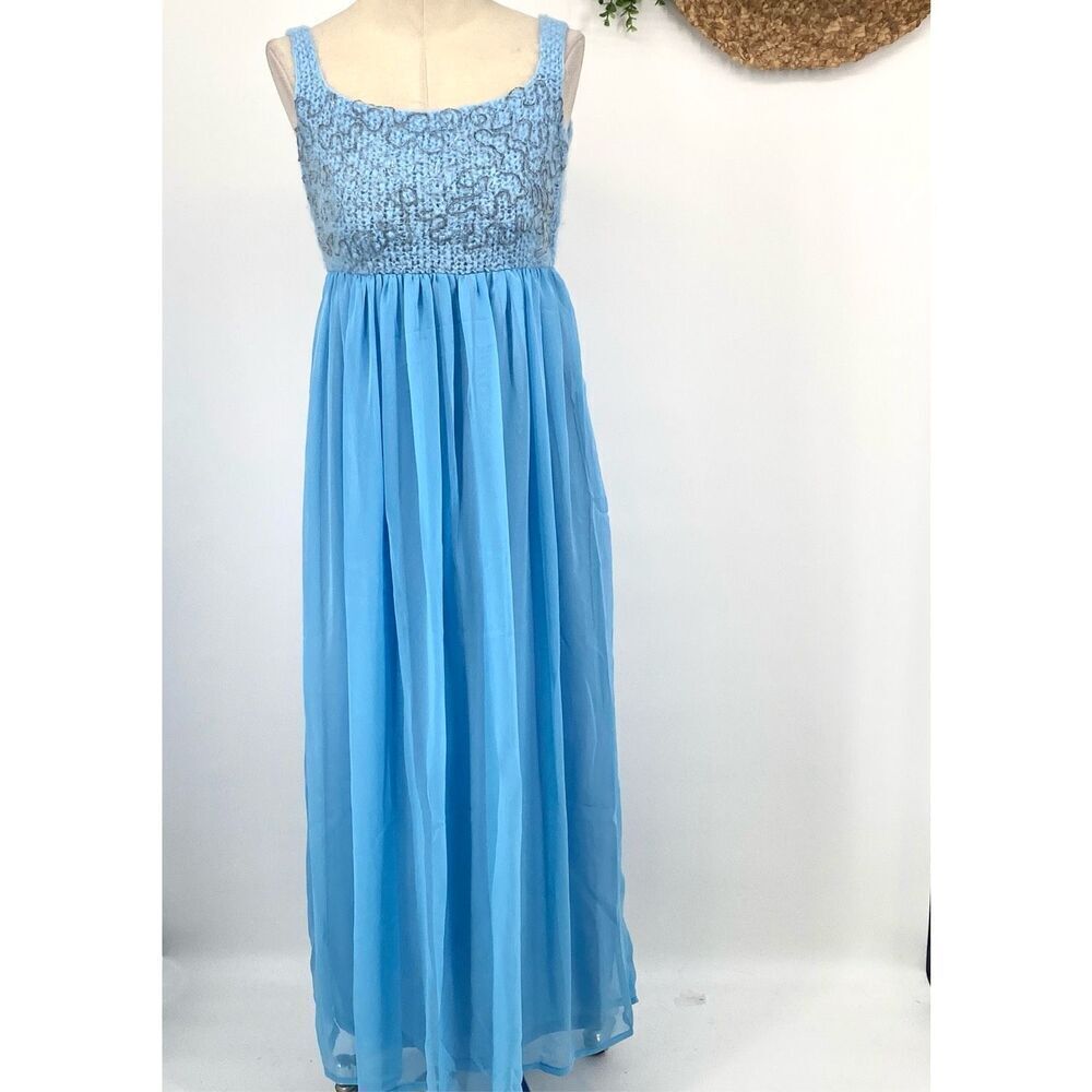 Handmade Women's Sleeveless Chiffon Crochet Knit Maxi Dress Fairy Core Blue Smal